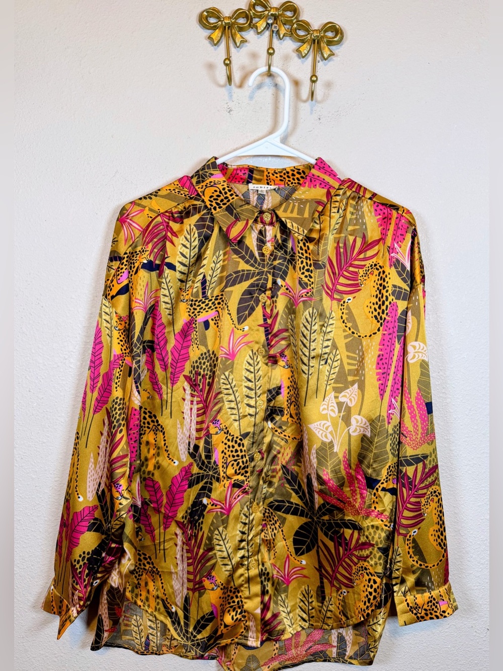 JODIFL Printed Satin Blouse - Gold & Pink Tropical Print. Size S